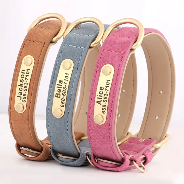 S65c26f00366241cabe1a06a3396b1733C.webp Coleira Personalizada para Cães em Couro PU com Gravação Grátis – Coleira com Placa de Identificação (Nome e Telefone) para Cães de Pequeno, Médio e Grande Porte