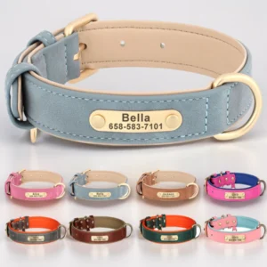 Coleira Personalizada para Cães em Couro PU com Gravação Grátis – Coleira com Placa de Identificação (Nome e Telefone) para Cães de Pequeno, Médio e Grande Porte